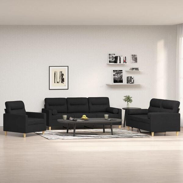 vidaXL Set di Divani 3 pz con Cuscini Decorativi Nero in Tessuto