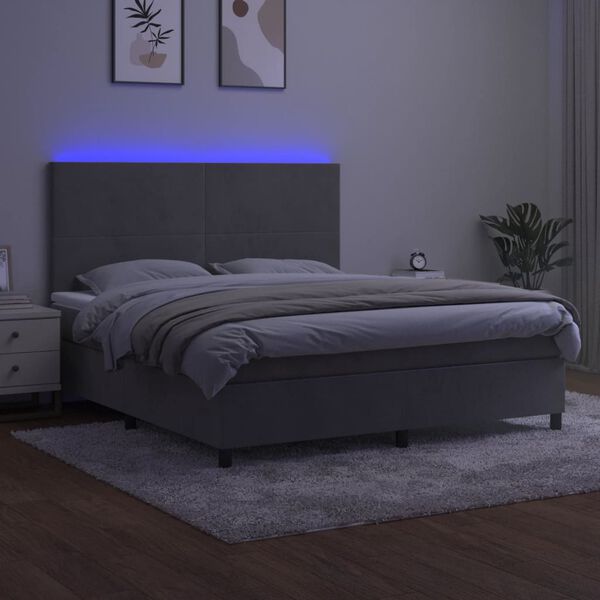 vidaXL Letto a Molle Materasso e LED Grigio Chiaro 180x200 cm Velluto