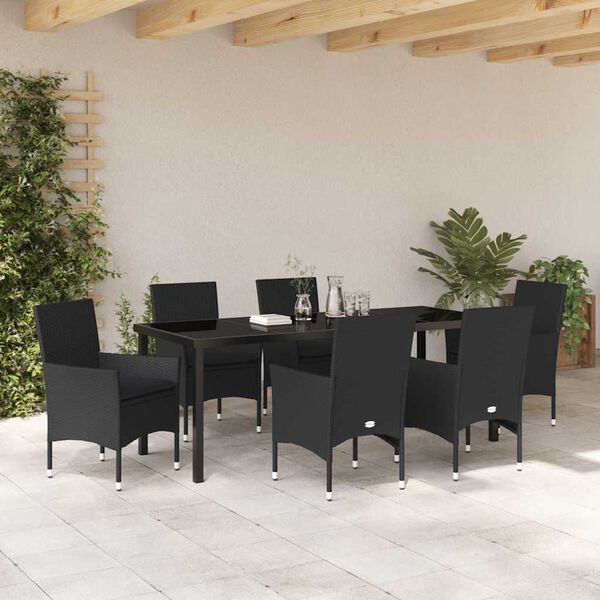vidaXL Set da Pranzo per Giardino con cuscino 7 pcs Nero polyrattan