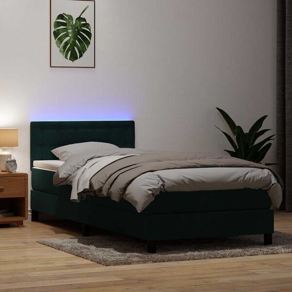 vidaXL Letto a Molle con Materasso e LED Verde Scuro 80x220 cm Velluto