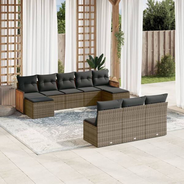 vidaXL Set Divano da Giardino 10 pz con Cuscini Grigio in Polyrattan