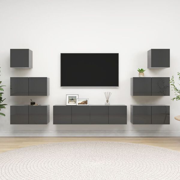 vidaXL Set Mobili TV 8 pz Grigio Lucido in Legno Multistrato