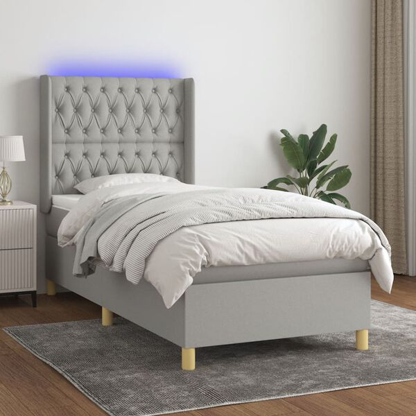 vidaXL Letto a Molle Materasso e LED Grigio Chiaro 100x200 cm Tessuto