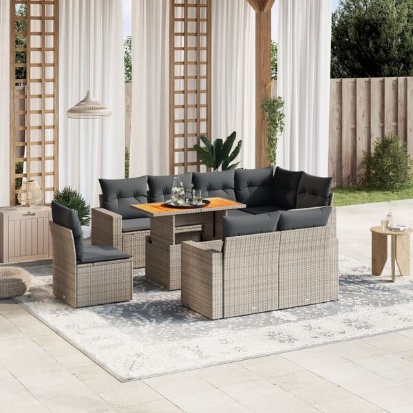 vidaXL Set Divano da Giardino 9 pz con Cuscini Grigio in Polyrattan