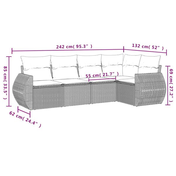 vidaXL Set Divano da Giardino 5 pz con Cuscini Marrone in Polyrattan