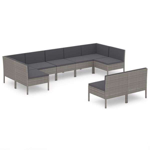 vidaXL Set Divani da Giardino 9 pz con Cuscini in Polyrattan Grigio