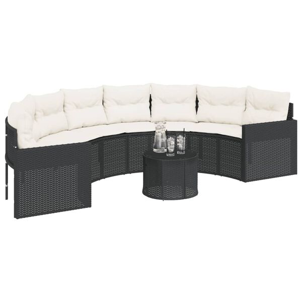 vidaXL Divano Giardino Tavolo e Cuscini Semicircolare Nero Polyrattan