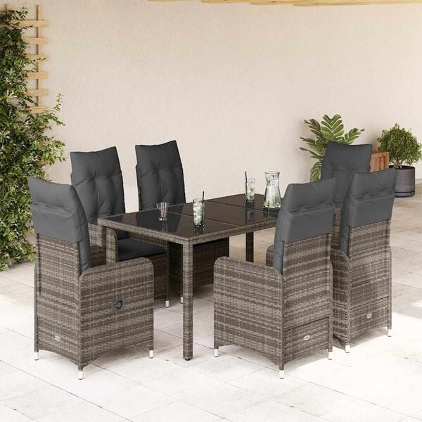 vidaXL Set Bistr&ograve; da Giardino 7 pz con Cuscini in Polyrattan Grigio