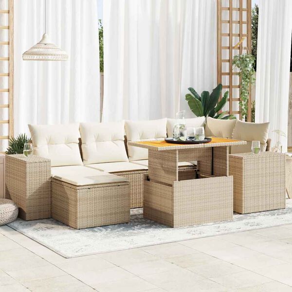vidaXL Set Divani da Giardino 7 pz con Cuscini Beige in Polyrattan