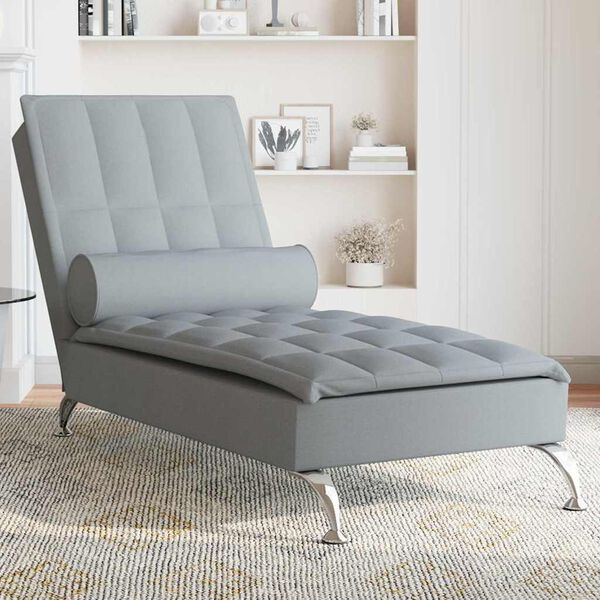 vidaXL Chaise Longue Massaggi Cuscino a Rullo Grigio Chiaro in Tessuto
