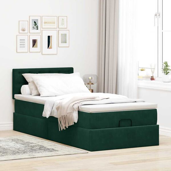 vidaXL Pouf Letto con Materasso e LED Verde Scuro 80x200cm in Velluto
