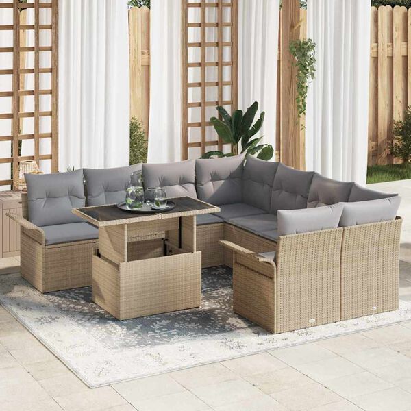 vidaXL Set Divano da Giardino 9 pcs Beige Rattan in Polipropilene