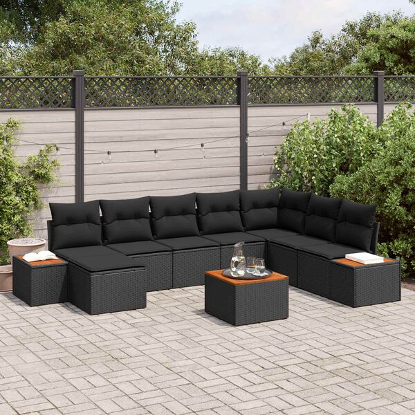 vidaXL Set Divano da Giardino con cuscino 9 pcs Nero Polyrattan