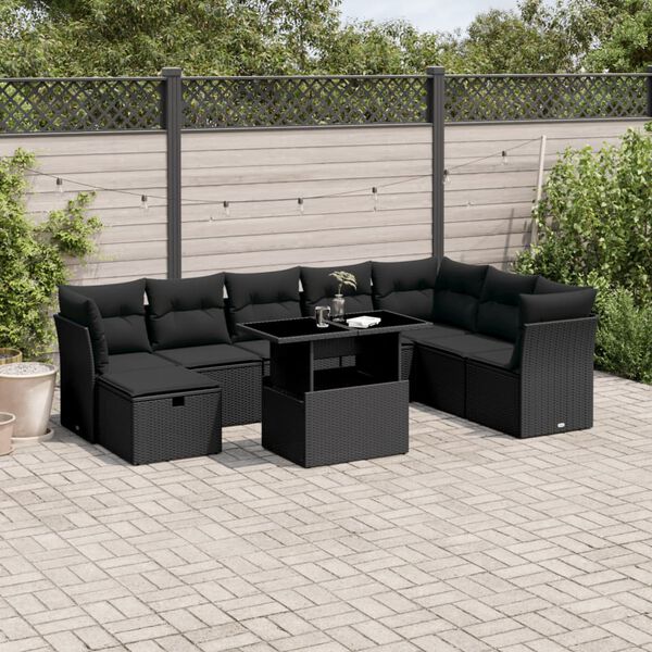 vidaXL Set Divani da Giardino 9 pz con Cuscini Nero in Polyrattan