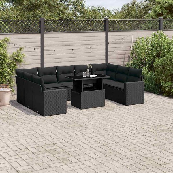 vidaXL Set Divani da Giardino 10pz con Cuscini in Polyrattan Nero