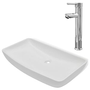 vidaXL Lavello Bagno con Miscelatore in Ceramica Rettangolare Bianco