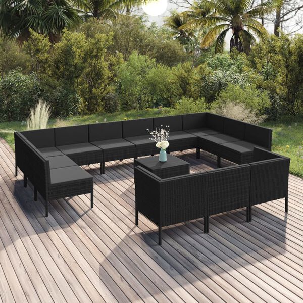 vidaXL Set Divani da Giardino 14 pz con Cuscini in Polyrattan Nero