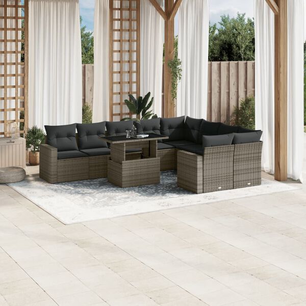 vidaXL Set Divano da Giardino 10 pz con Cuscini Grigio in Polyrattan