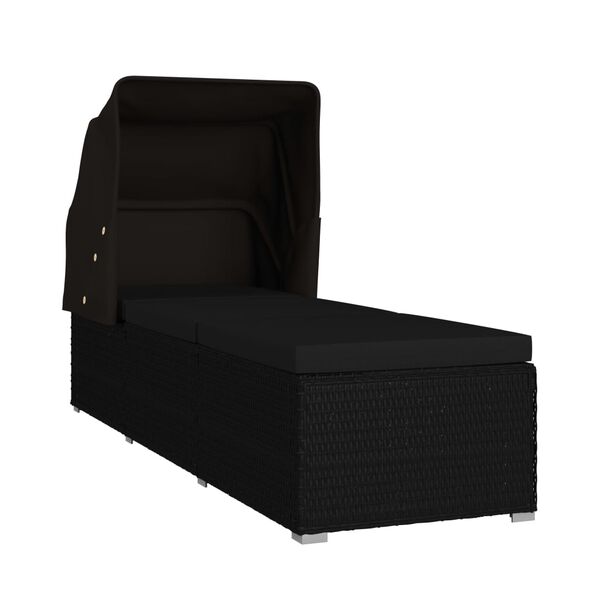 vidaXL Lettino Prendisole con Tettuccio e Cuscino in Polyrattan Nero
