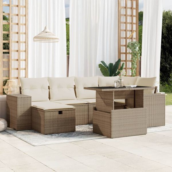 vidaXL Set Divani da Giardino 7 pz con Cuscini Beige in Polyrattan