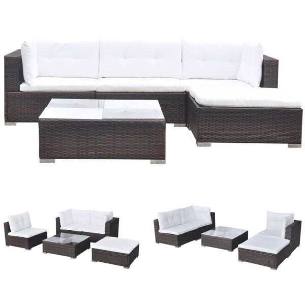 vidaXL Set Divani da Giardino 5 pz con Cuscini in Polyrattan Marrone