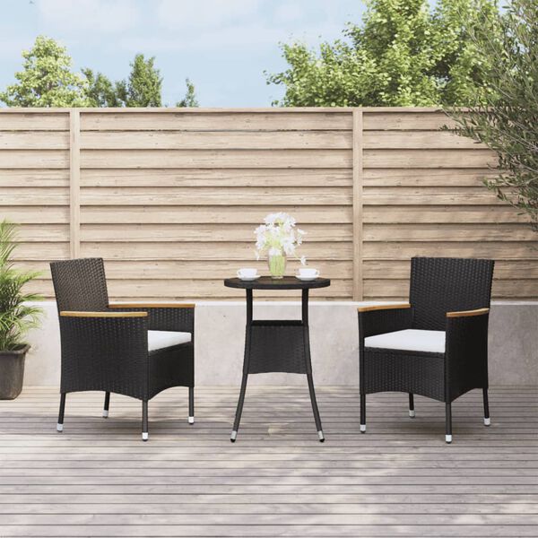 vidaXL Set Bistr&ograve; da Giardino 3 pz con Cuscini in Polyrattan Nero