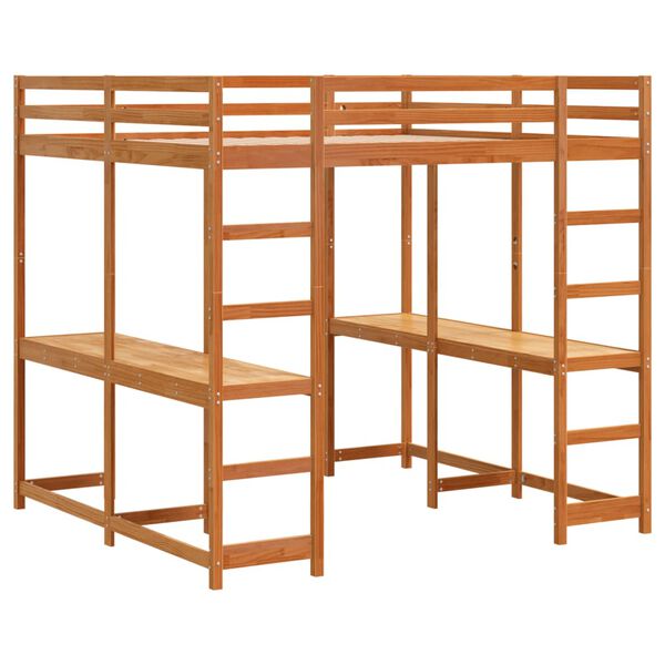 vidaXL Letto Soppalco Scrivania e Scala Marrone Cera 180x200cm Pino