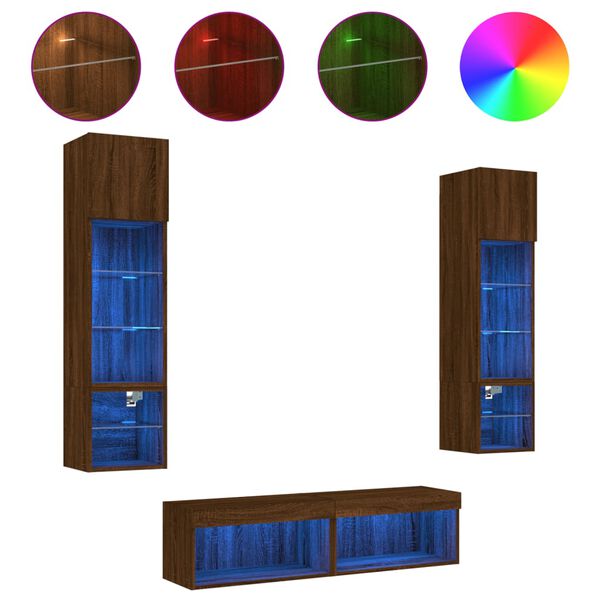 vidaXL Mobili TV a Muro con LED 6pz Rovere Marrone Legno Multistrato