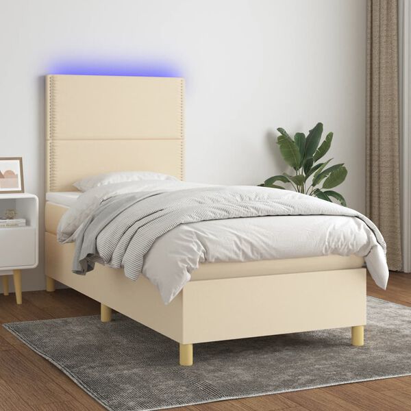 vidaXL Letto a Molle con Materasso e LED Crema 90x190 cm in Tessuto