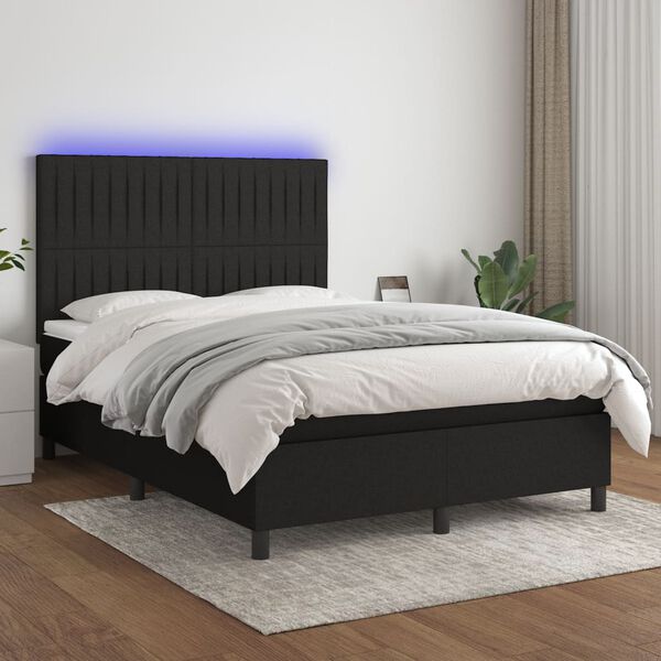 vidaXL Letto a Molle con Materasso e LED Nero 140x200 cm in Tessuto