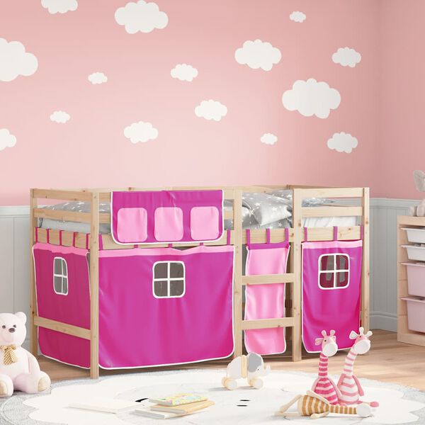 vidaXL Letto a Soppalco con Tende Bambini Rosa 90x200 cm Massello Pino