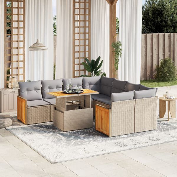 vidaXL Set Divano da Giardino 9 pz con Cuscini Beige in Polyrattan