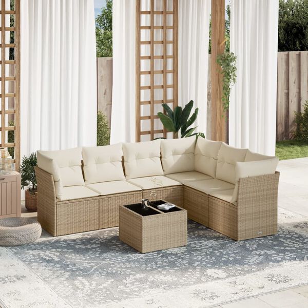 vidaXL Set Divani da Giardino 7 pz con Cuscini Beige in Polyrattan