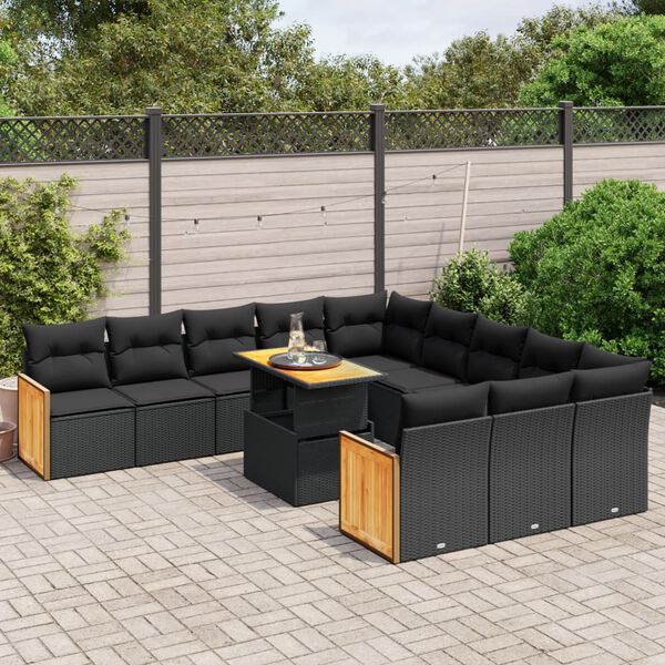 vidaXL Set Divani da Giardino 11 pz con Cuscini in Polyrattan Nero