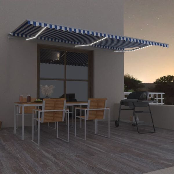 vidaXL Tenda da Sole Retrattile Manuale con LED 600x350 cm Blu Bianco