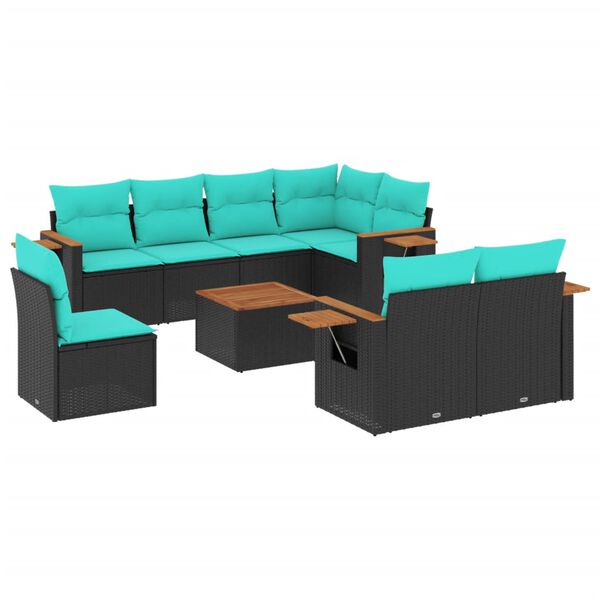 vidaXL Set Divani da Giardino 9 pz con Cuscini Nero in Polyrattan