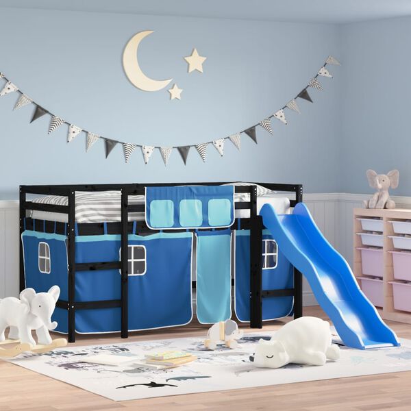 vidaXL Letto a Soppalco con Tende Bambini Blu 80x200 cm Massello Pino
