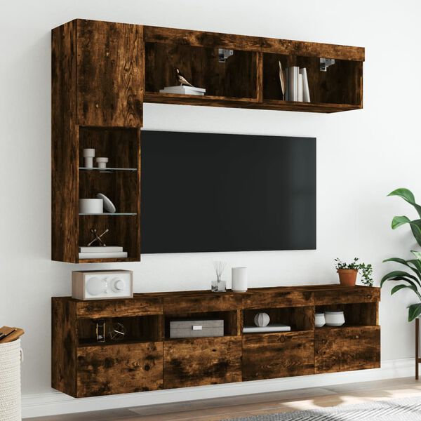 vidaXL Set Mobili TV a Muro 7 pz con Luci LED Rovere Fumo