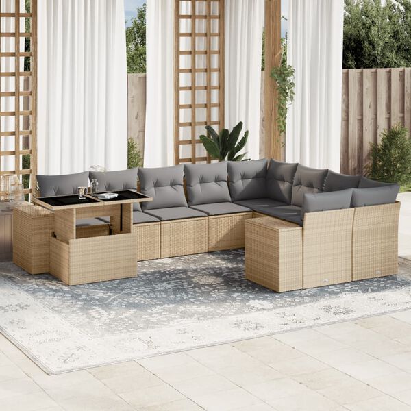 vidaXL Set Divano da Giardino 10 pz con Cuscini Beige in Polyrattan