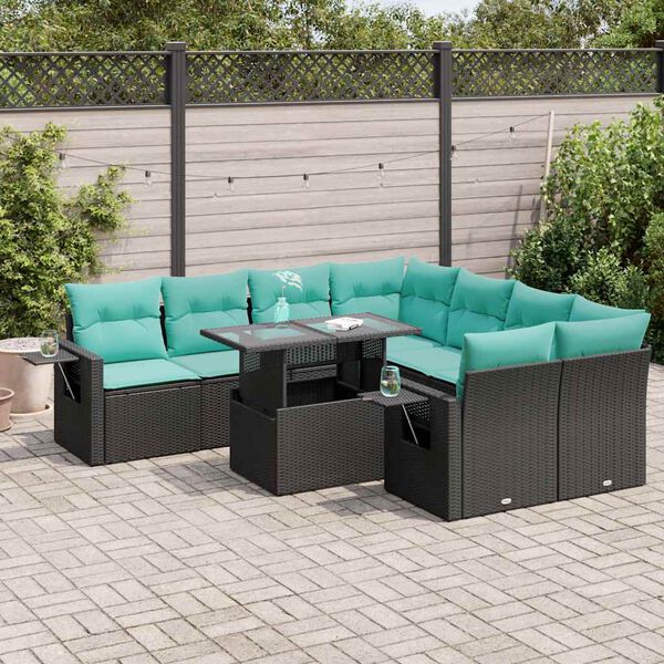 vidaXL Set Divani Giardino 9 pz con Cuscini Nero Polyrattan Acacia