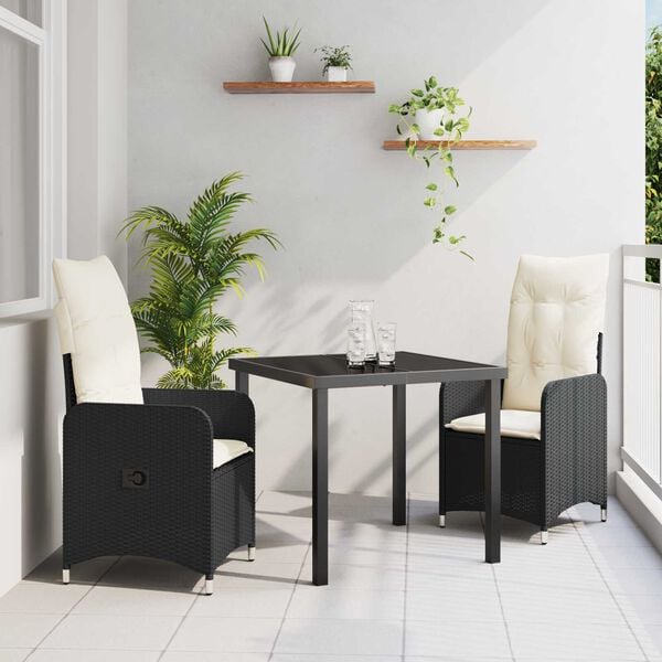 vidaXL Set da Pranzo per Giardino con cuscino 3 pcs Nero Poly Rattan
