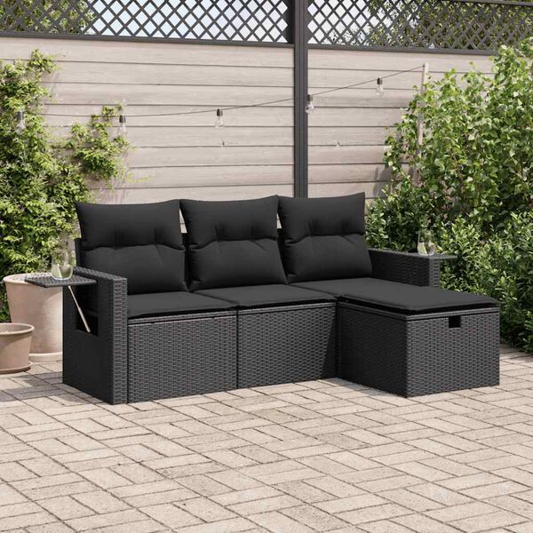 vidaXL Set Divani da Giardino 4 pz con Cuscini Nero in Polyrattan