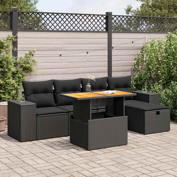 vidaXL Set Divano da Giardino 6 pz con Cuscini Nero Polyrattan Acacia