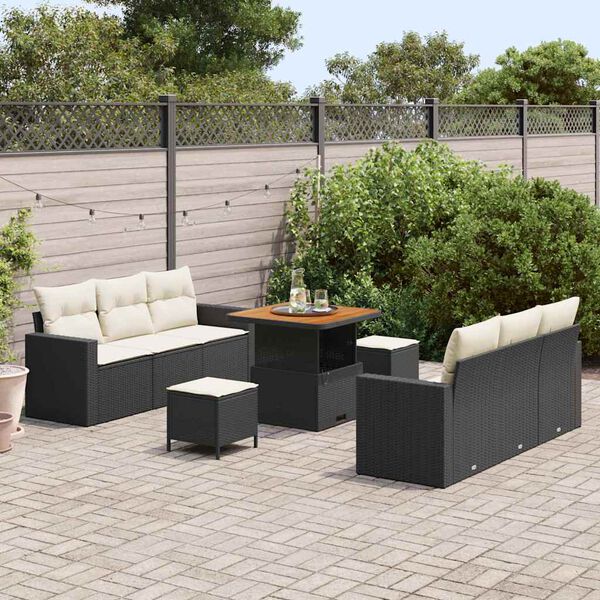 vidaXL Set Divano da Giardino con cuscino 9 pcs Nero e crema