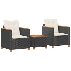 vidaXL Set da Bistr&ograve; 3 pz con Cuscini Nero Polyrattan e Legno Acacia