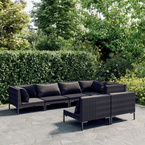vidaXL Set Divani da Giardino 7 pz con Cuscini Polyrattan Grigio Scuro
