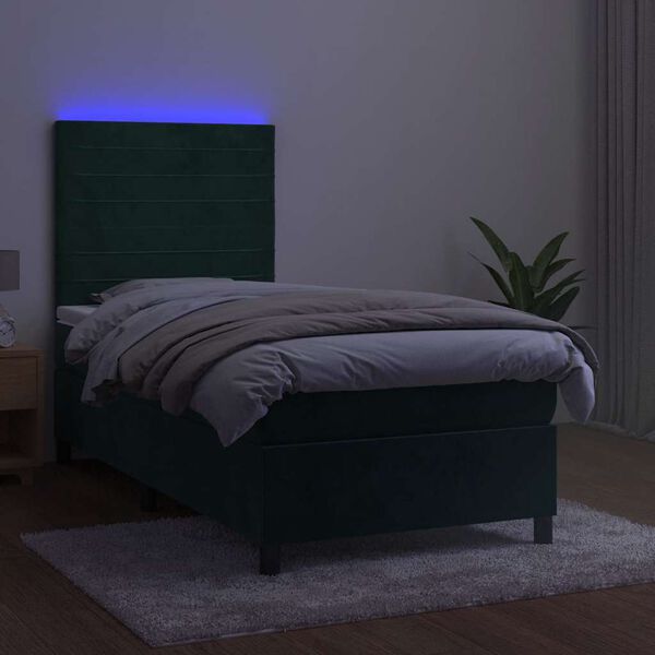 vidaXL Letto a Molle con Materasso e LED Verde Scuro 90x190 cm Velluto