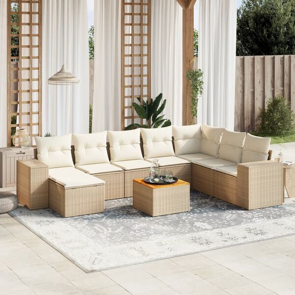 vidaXL Set Divano da Giardino 9 pz con Cuscini Beige in Polyrattan