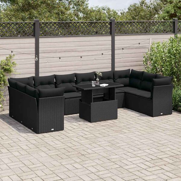 vidaXL Set Divani da Giardino 11 pz con Cuscini in Polyrattan Nero