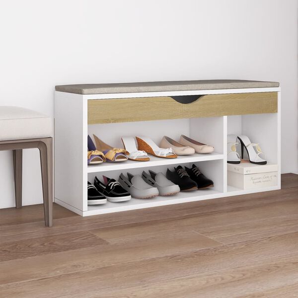 vidaXL Panca Scarpe Cuscino Bianco Rovere Sonoma 104x30x49 Multistrato